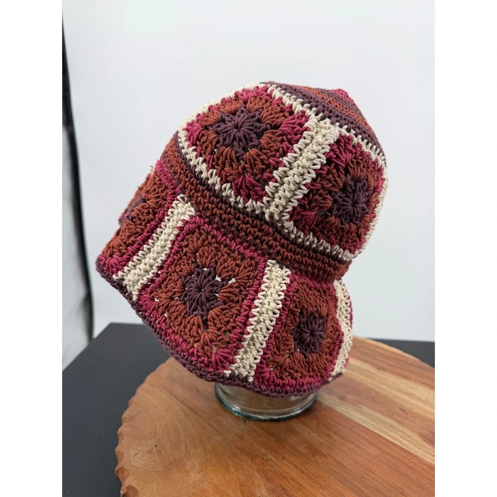 Lucky Brand Granny Square Crochet Bucket Hat Women One Size Burgundy Multi Boho